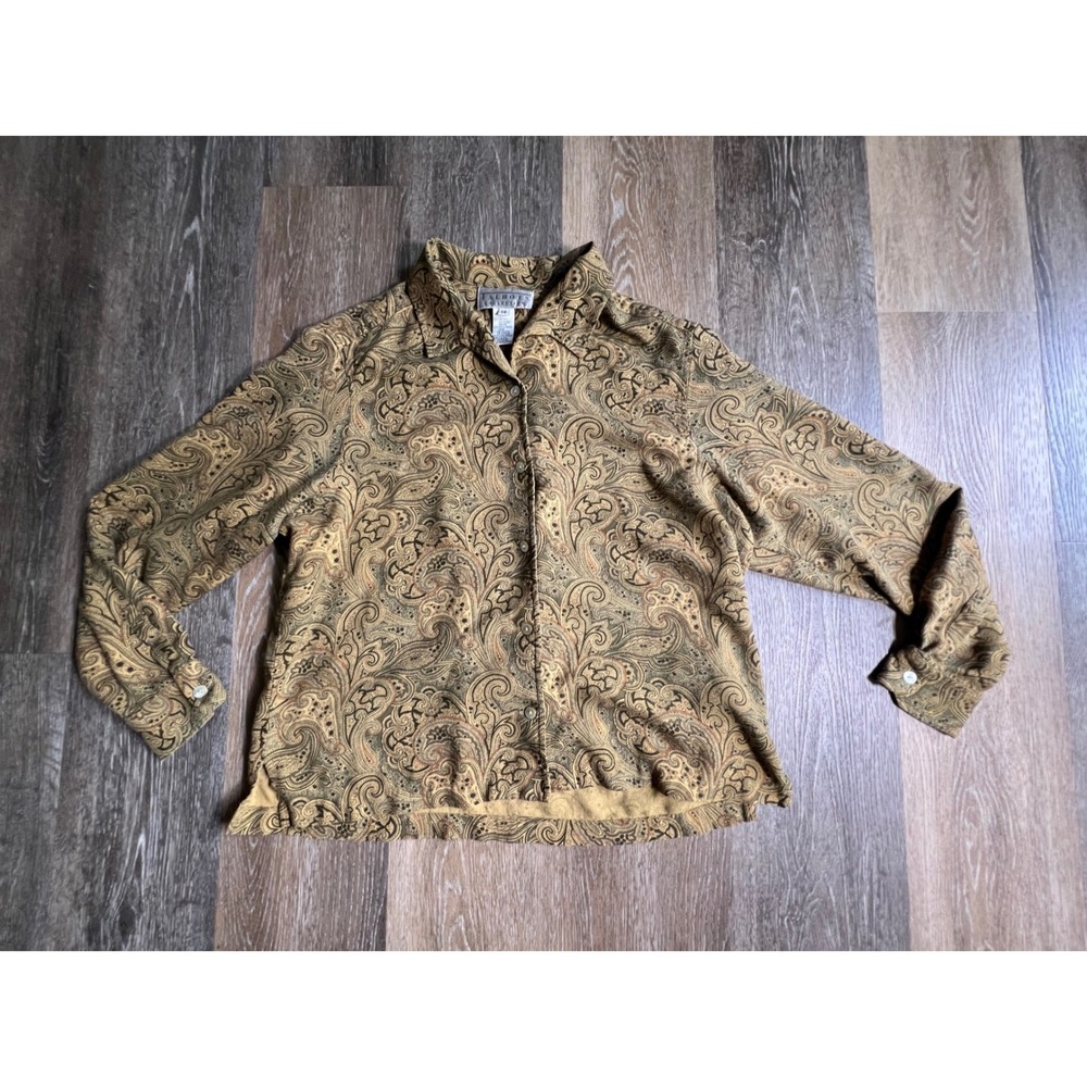 Talbots Collection Button Down Women 14 Brown Paisley Rayon Wool Long Sleeve